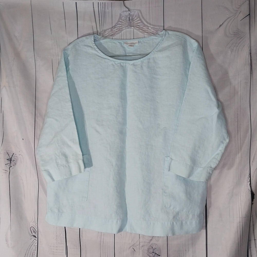 Pure Jill 100% Linen Light Blue 3/4 Sleeve With Front Patch Pockets Top